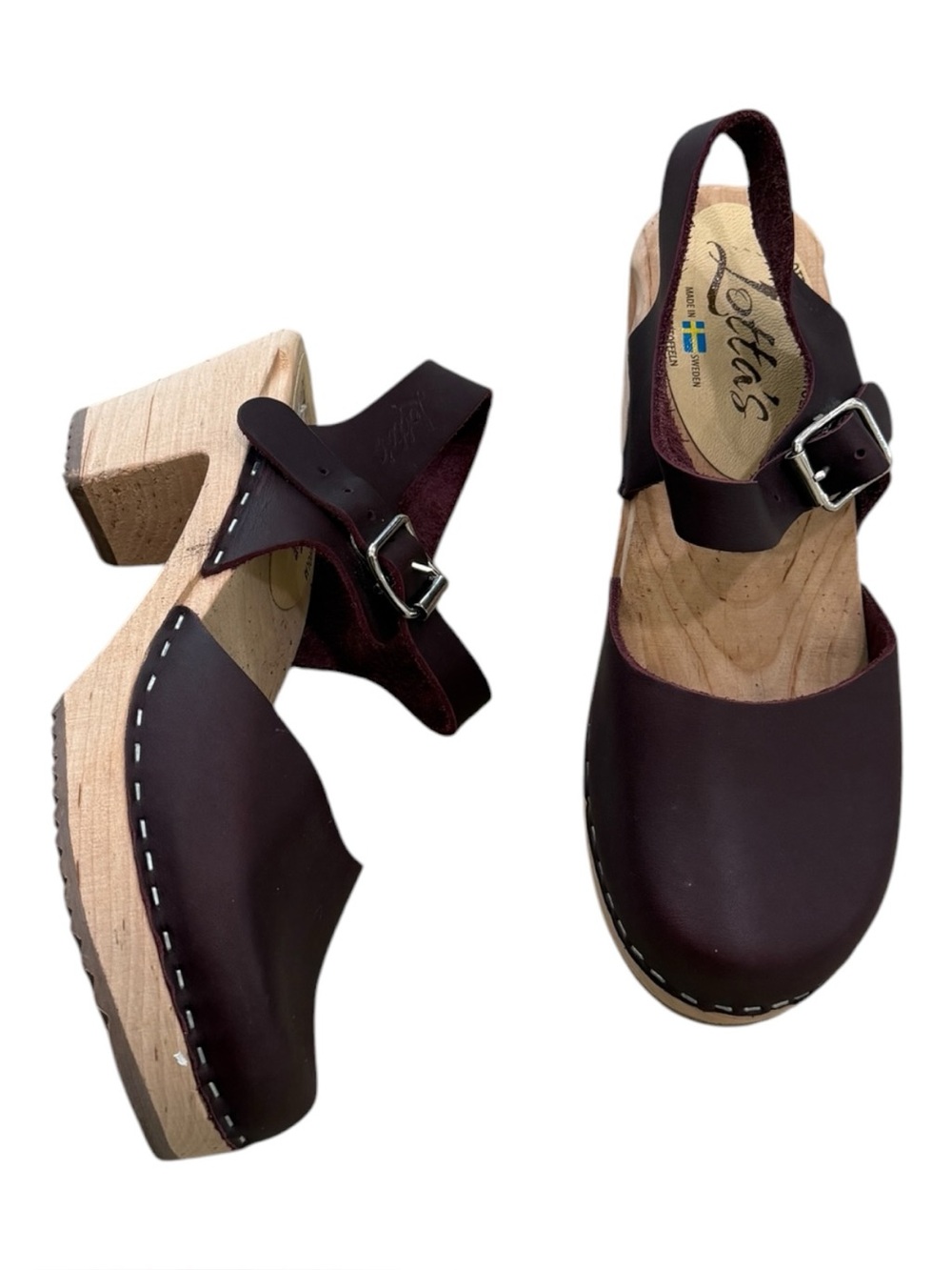 Lotta's Stockholm Low Wood Clog Sandals in Aubergine Leather